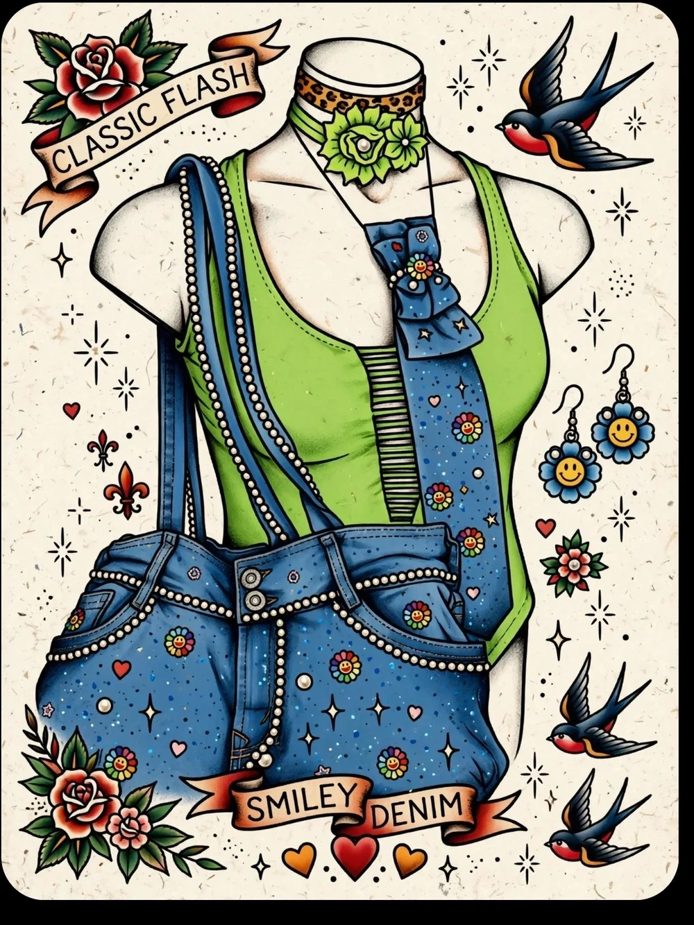 Wallflower Denim Tote with Decorative Embellishments - Green/Blue